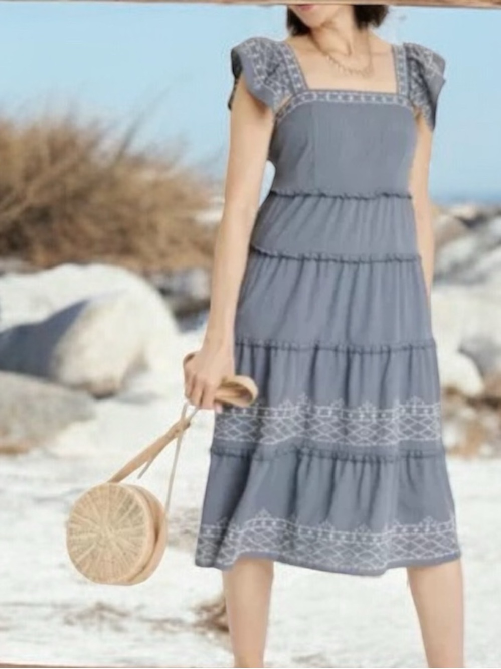 Knox Rose Square Neck Blue Grey Tiered Ruffle Embroidered Cotton LARGE Sundress - Picture 14 of 16